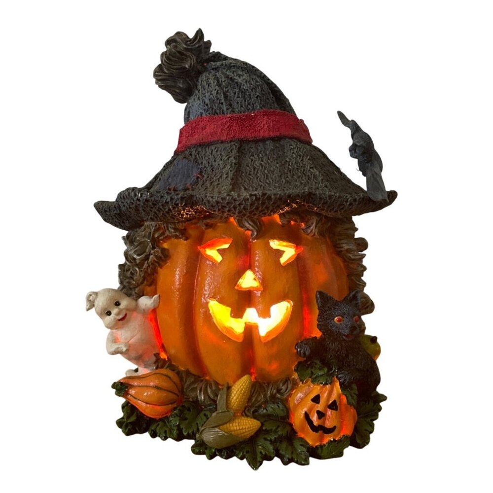 Vtg Pacific Rim Halloween Pumpkin Light-Up Ceramic Figure Black Cat Ghost Bat